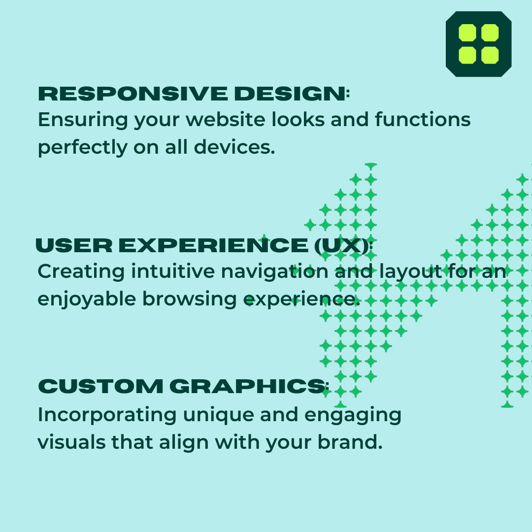 Responsive Design Ensuring your website looks and functions perfectly on all devices. User Experience UX Creating intuitive navigation and layout for an enjoyable browsing experience. Custom Gra 1 Groow